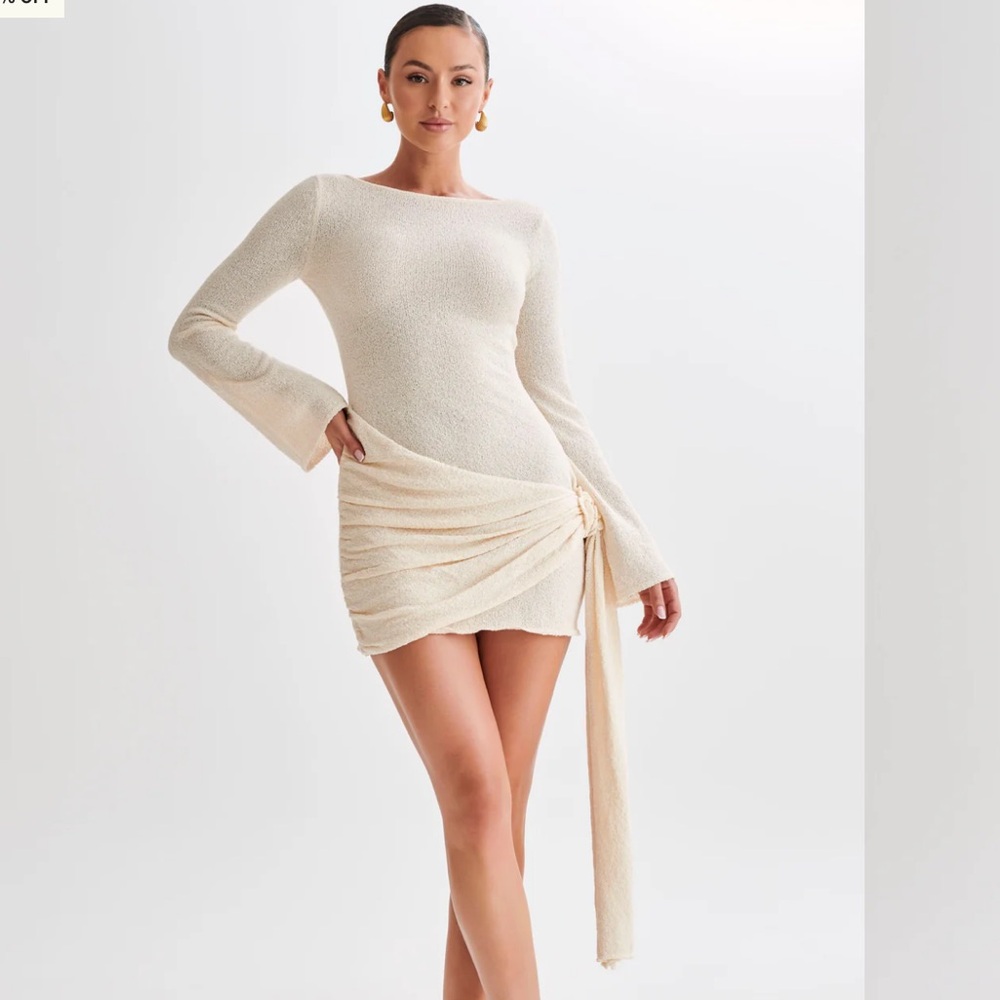 Meshki Cream Long-Sleeve Draped Mini Dress